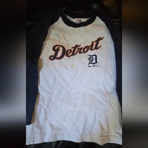 Detroit Baseball Navy Raglan Shirt Kids SzM By Magestic - Picture 2 of 7